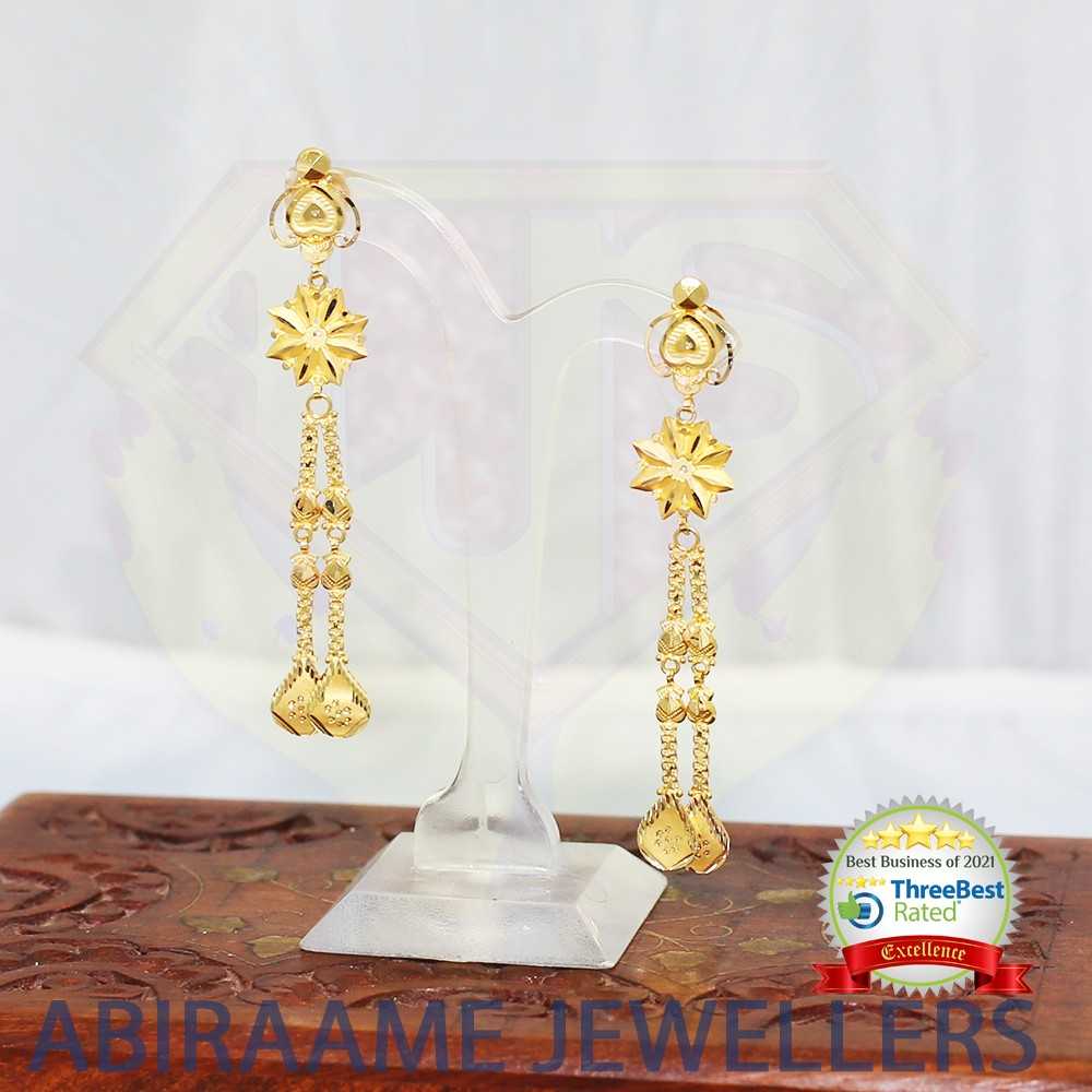 long earrings in gold, long chain earrings gold, 22kt gold long earrings, long earrings jhumka, abiraame jewellers