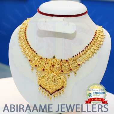 bridal necklace, modern bridal jewellery set, simple bridal gold necklace, abiraame jewellers, bridal necklace designs