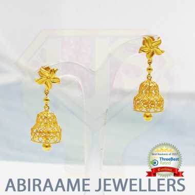 trendy earrings, jimikki kammal gold, jimikki earrings, 4 gram gold jimikki kammal price, abiraame jewellers, jhumka earrings