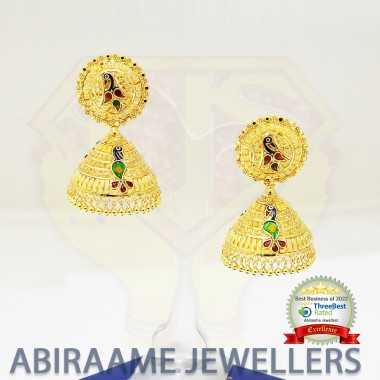 gold jhumka price, abiraame jewellers, jhumki gold, madrasi jhumka