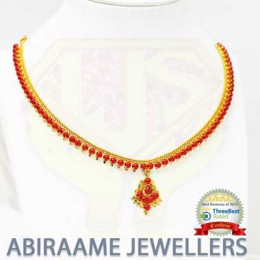 coral beads gold necklace Indian designs, abiraame jewellers, traditional coral necklace designs